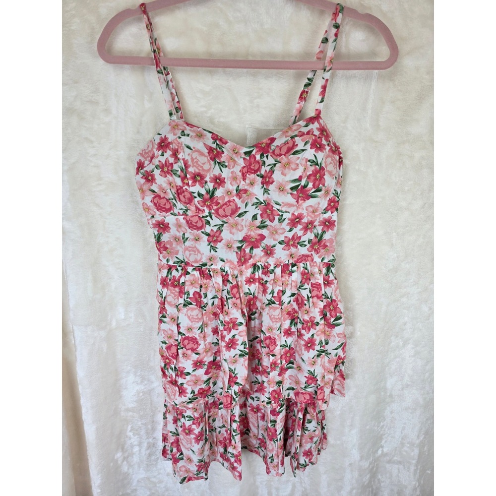 AUW Floral Mini Dress Pink White Ruffle Tiered Smocked Back Size M